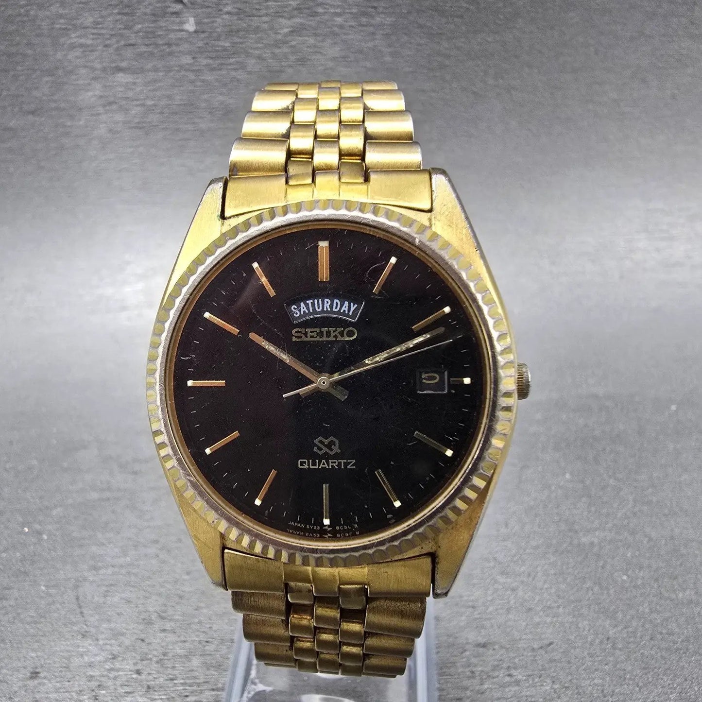 Seiko President Watch Men 36mm Black Dial Gold Tone Daydate 5Y23-8A69 New Batt Q0