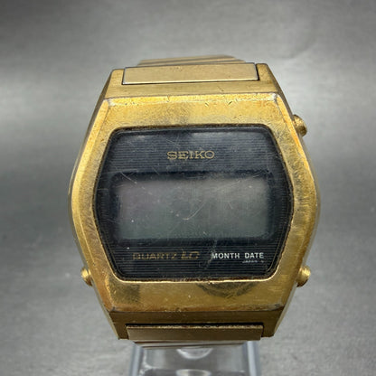 Seiko Digital Watch Men 35mm LCD Gold Tone Month Date 0439-4019 VTG PARTS0