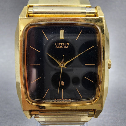 Citizen CQ Tank Watch Men 29mm Black Gold Tone Rectangle 3630-890175 PARTS
