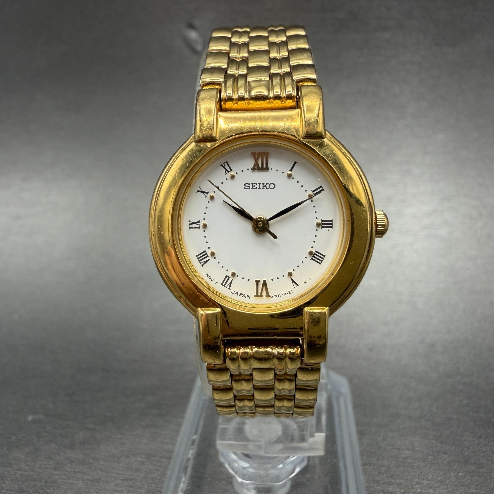 Seiko Watch Women 24mm White Dial Gold Tone Round V701-1781 New Battery Vinatge0