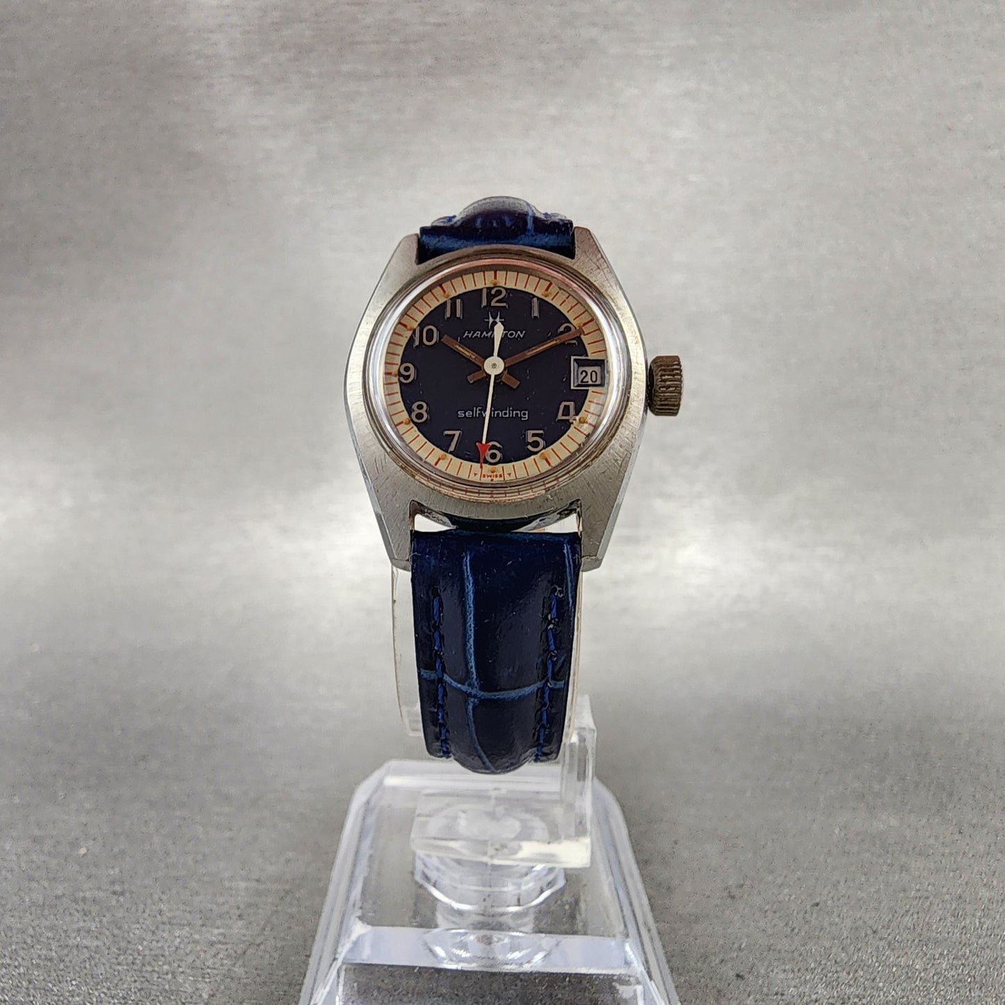 Hamilton Watch Women 23mm Blue Dial Steel Date Round Automatic Round Runs VTG5