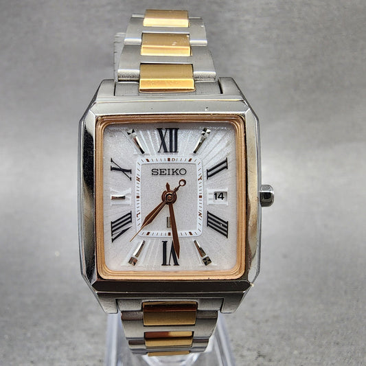 Seiko Lukia Tank Watch Women 26mm White Dial Two Tone Date Atomic Solar Runs0