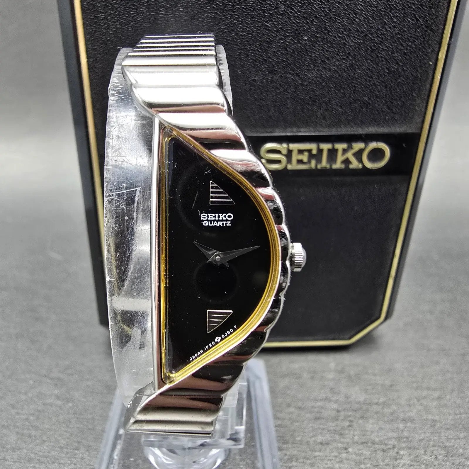 Seiko Halfmoon Watch Women 14mm Black Dial Silver Tone Asymmetrical New Battery1