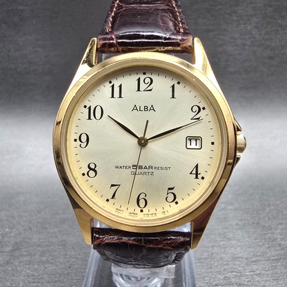 Seiko Alba Watch Men 33mm Champagne Dial Gold Tone Date Round V732-0D10 New Batt0