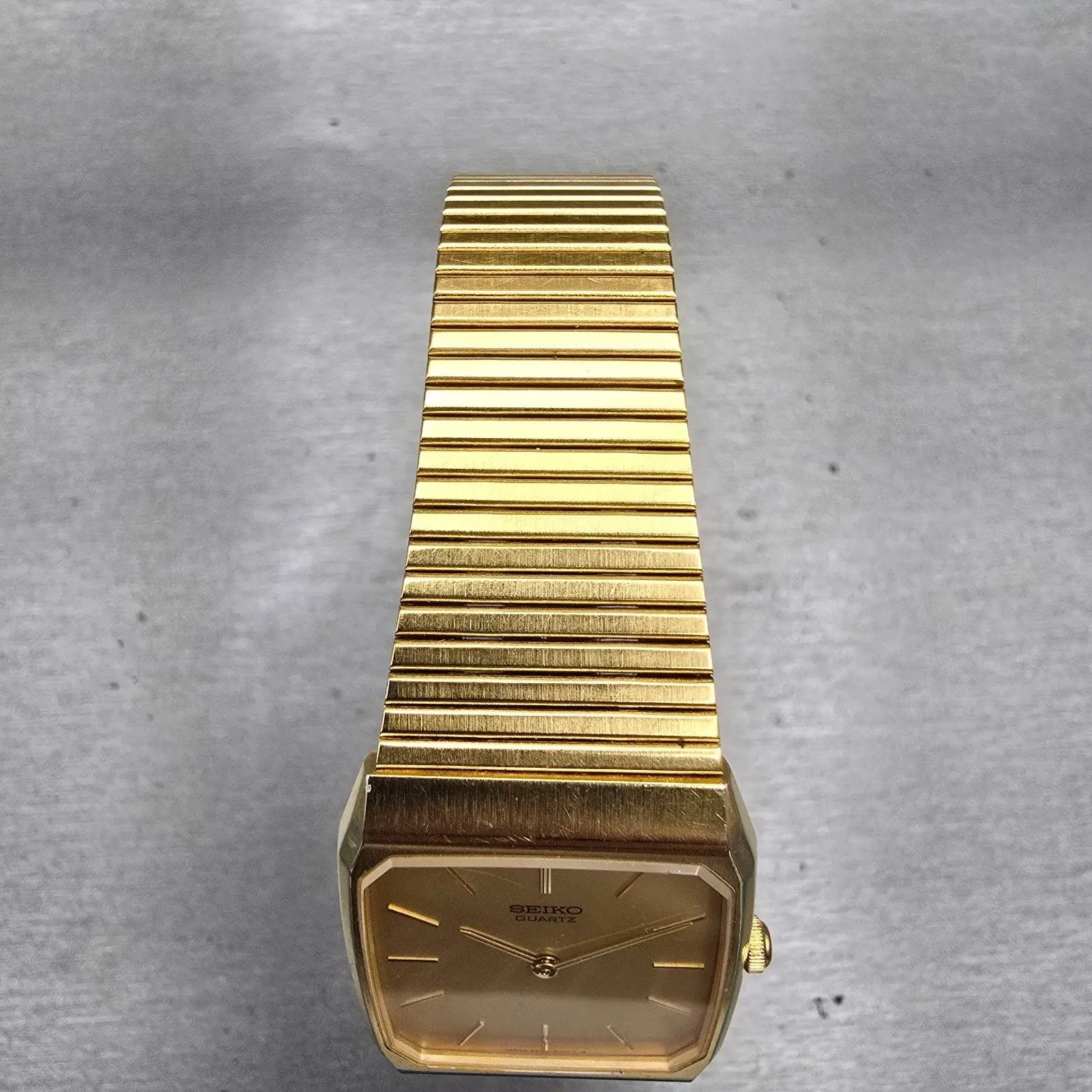 Seiko Watch Men 26mm Gold Dial Gold Tone Rectangle 6530-5080 New Battery Vintage4