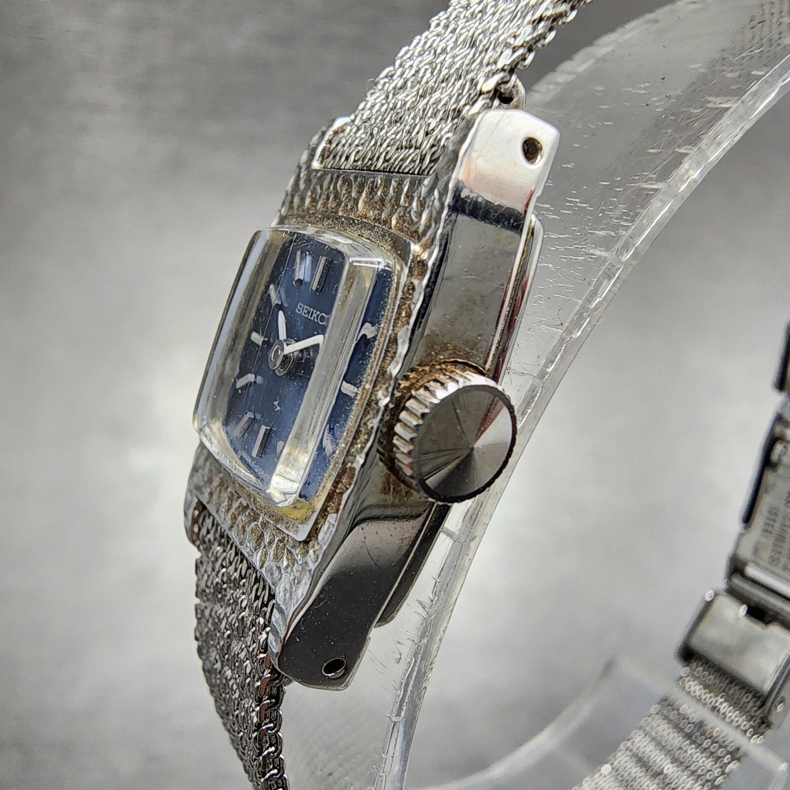 Seiko Watch Women 16mm Blue Dial Silver Tone Rectangle Manual Wind Runs 1130293