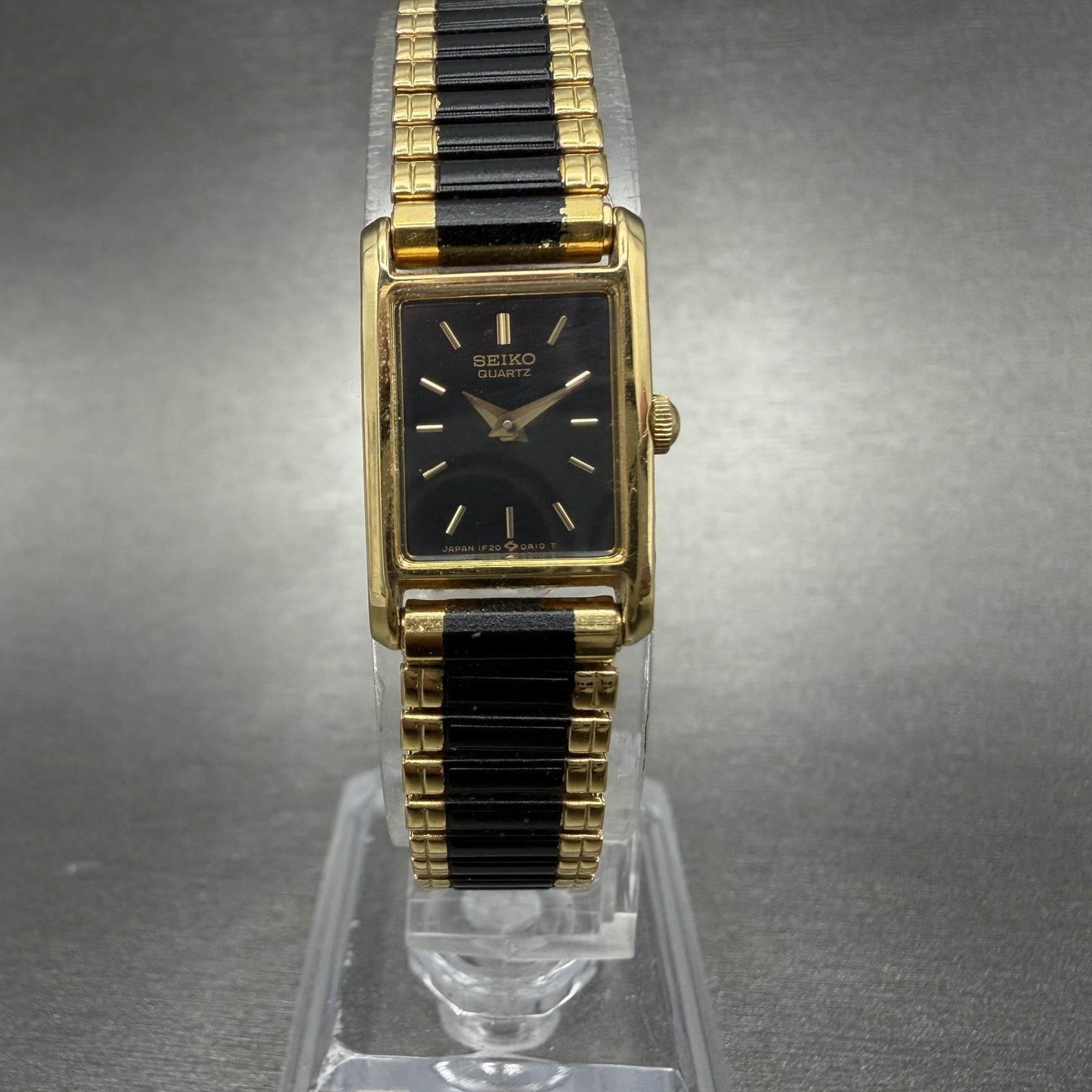 Seiko Tank Watch Women 14mm Black Dial Gold Tone Rectangle 1F20-5A69 New Batt TH0