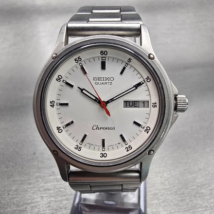 Seiko Chronos Watch Men 34mm White Dial Silver Tone Daydate 7433-7030 New Batt0