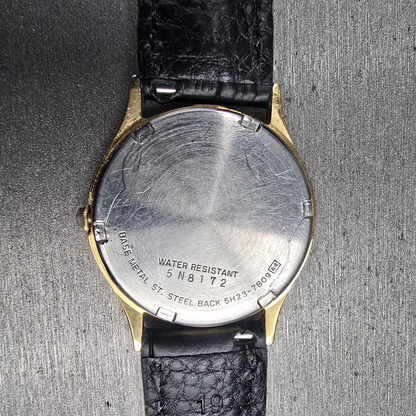 Seiko SQ Watch Men 33mm Gold Dial Gold Tone Daydate Round 5H23-7B09 New BatteryP10