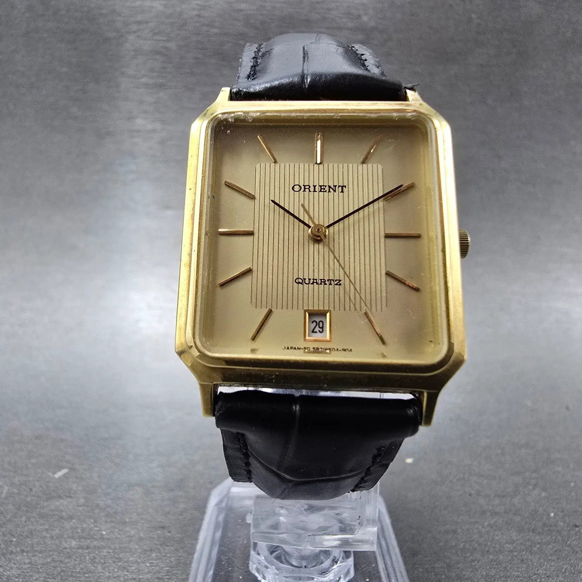 Orient Tank Watch Men 28mm Champagne Dial Gold Tone Rectangle Date New Battery5