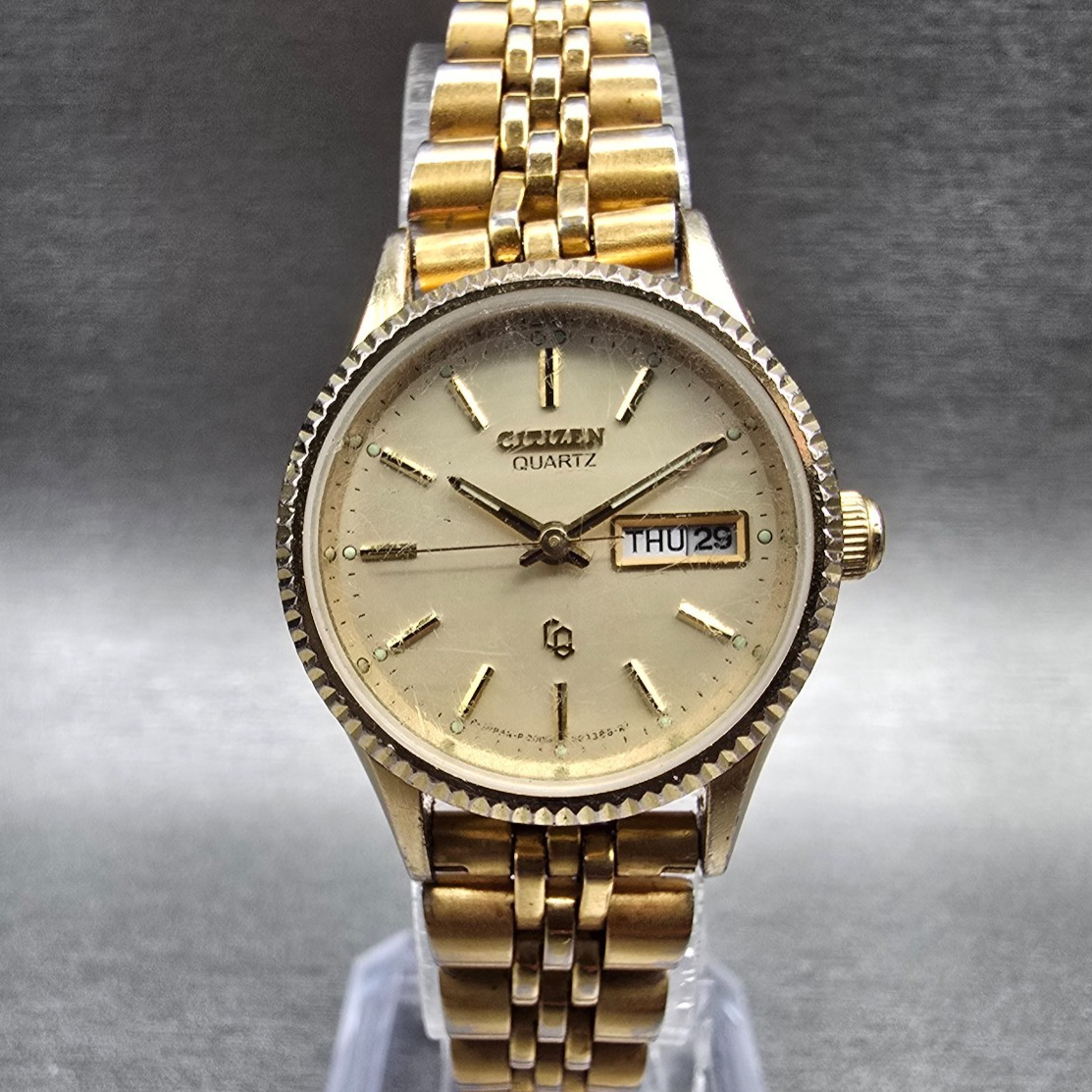 Citizen CQ Watch Women 25mm Champagne Dial Gold Tone Daydate 2000-201566 New Bat0