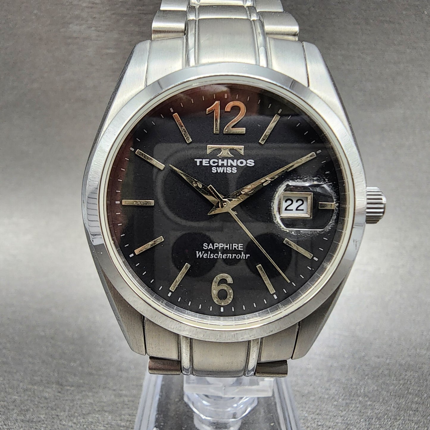 technos Watch Men 37mm Black Dial Silver Tone Date Round TGM656 New Battery0