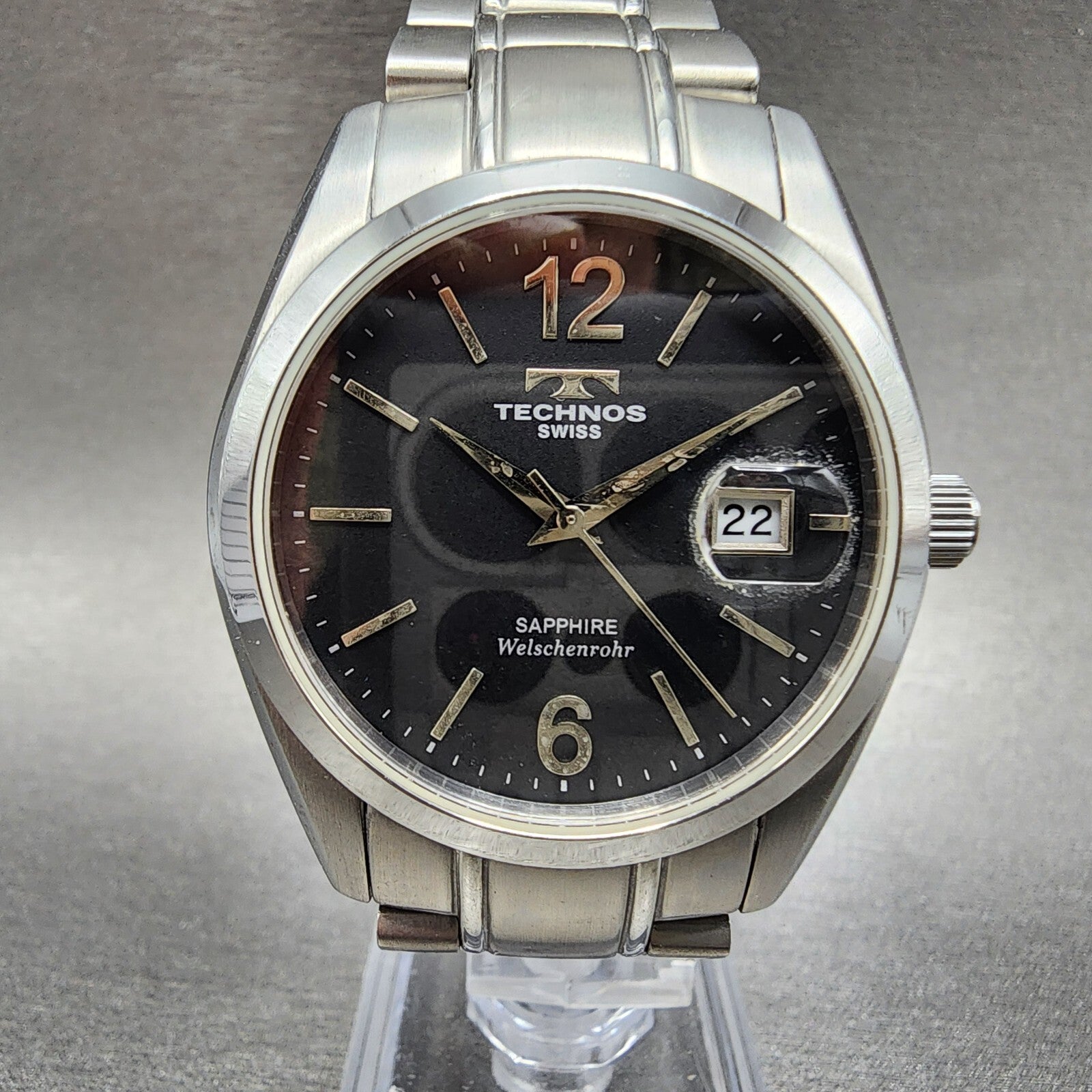 technos Watch Men 37mm Black Dial Silver Tone Date Round TGM656 New Battery0