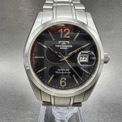 technos Watch Men 37mm Black Dial Silver Tone Date Round TGM656 New Battery0