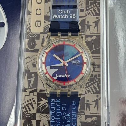 Swatch Access Lucky 7 Watch Men 34mm Blue Dial Clear Case SKZ116 New Battery NOS0