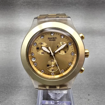 Swatch Irony Full-Blooded Gold Watch Men 42mm Gold Dial SVCK4032G New Battery 540