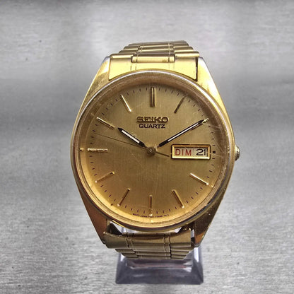 Seiko Watch Men 35mm Gold Dial Gold Tone Daydate Round 7N43-7A50 New Battery VTG0