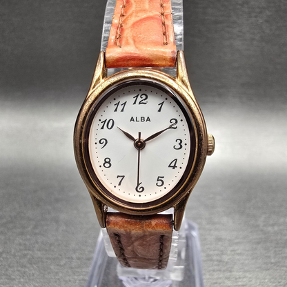 Seiko Alba Watch Women 21mm White Dial Gold Tone Oval VX01-K989 New Battery0
