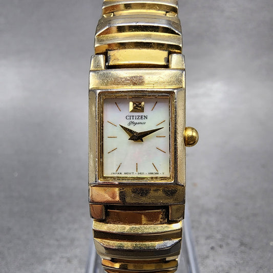 Citizen Tank Watch Women 14mm MOP Dial Gold Tone Rectangle New Battery Vintage0