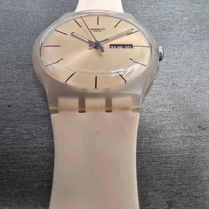 Swatch Rose Rebel Watch Men 41mm Pink Dial Pink Tone Daydate SUOT700 New Batt CH6