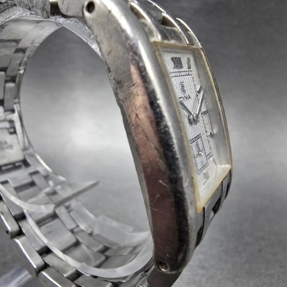 Cyma Tank Watch Men 25mm Silver Dial Steel Small Seconds 729 Rectangle PARTS4