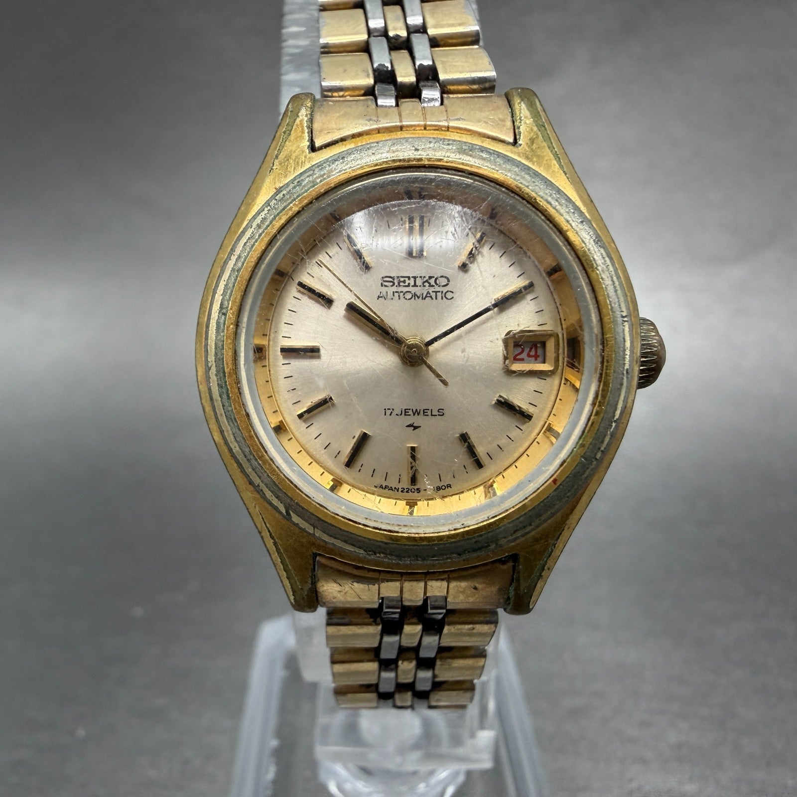 Seiko Automatic Watch Women 25mm Champagne Dial Gold Tone Date 2205-0691 PARTS0