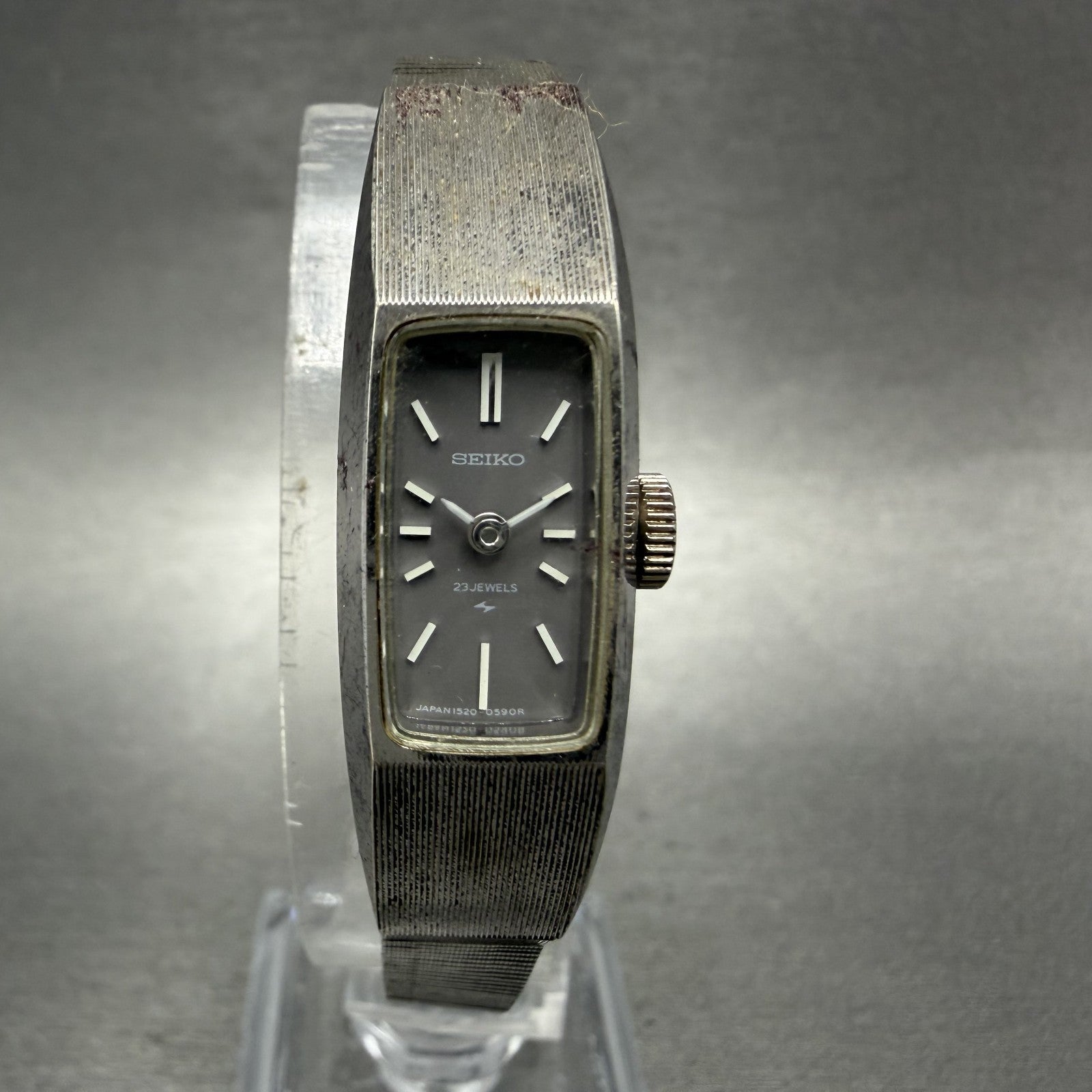 Seiko tank Watch Women 13mm Gray Dial Silver Tone Manual 1520-3570 Runs ABC0