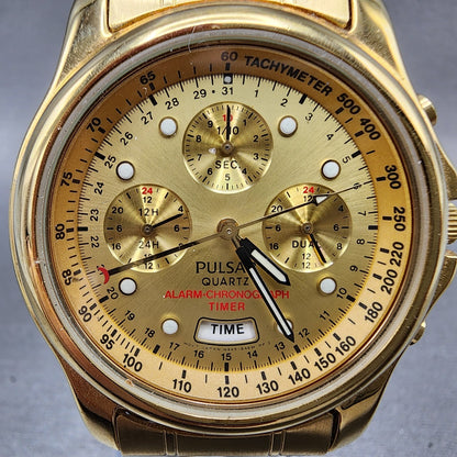 Seiko Pulsar Chronograph Watch Men 39mm Gold Dial Gold Tone Alarm Date New Batt1