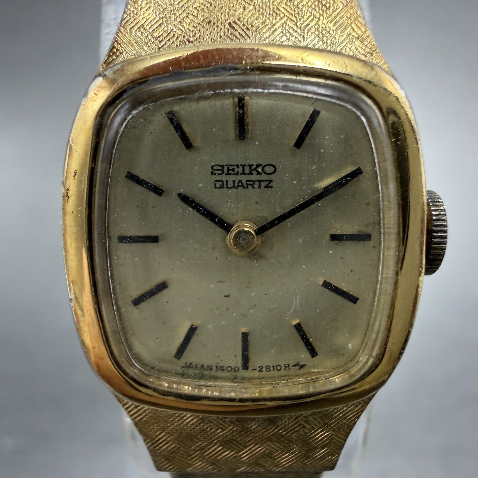 Seiko Watch Women 16mm Champagne Dial Gold Tone Rectangle 1400-6579 New Battery1
