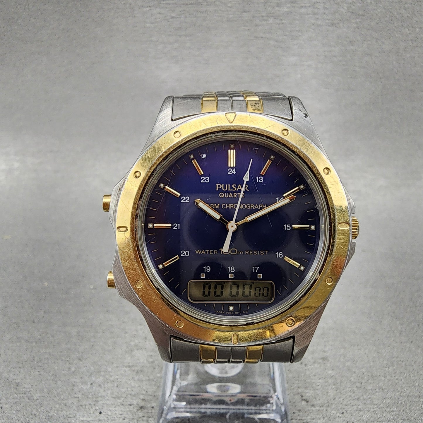 Pulsar Analog Digital Watch Men 39mm Blue Dial Two Tone Alarm Chrono New Battery0