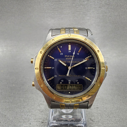 Pulsar Analog Digital Watch Men 39mm Blue Dial Two Tone Alarm Chrono New Battery0