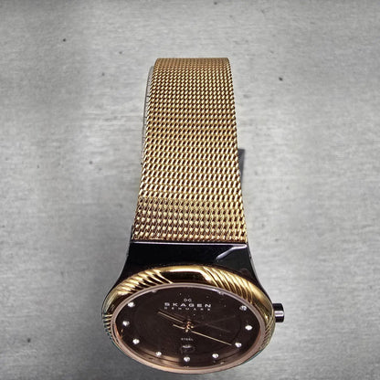 Skagen Denmark Watch Women 27mm Brown MOP Dial Gold Tone Date 880LRDR New Batt4