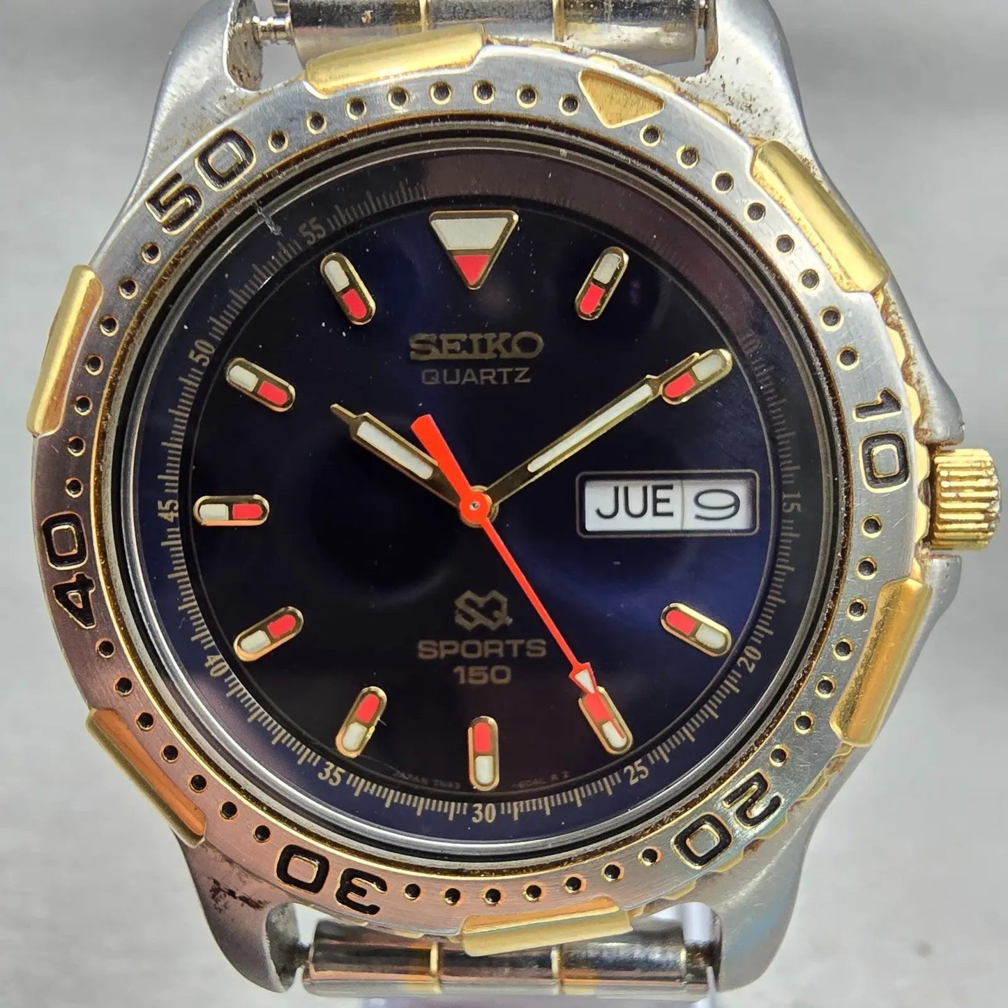 Seiko SQ Sports Dive Watch Men 40mm Blue Dial Two Tone Daydate 7N43-6029 New Bat1