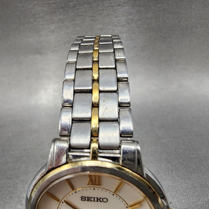 Seiko Watch Men 32mm White Dial Two Tone Round 7n010bc0 New Battery4