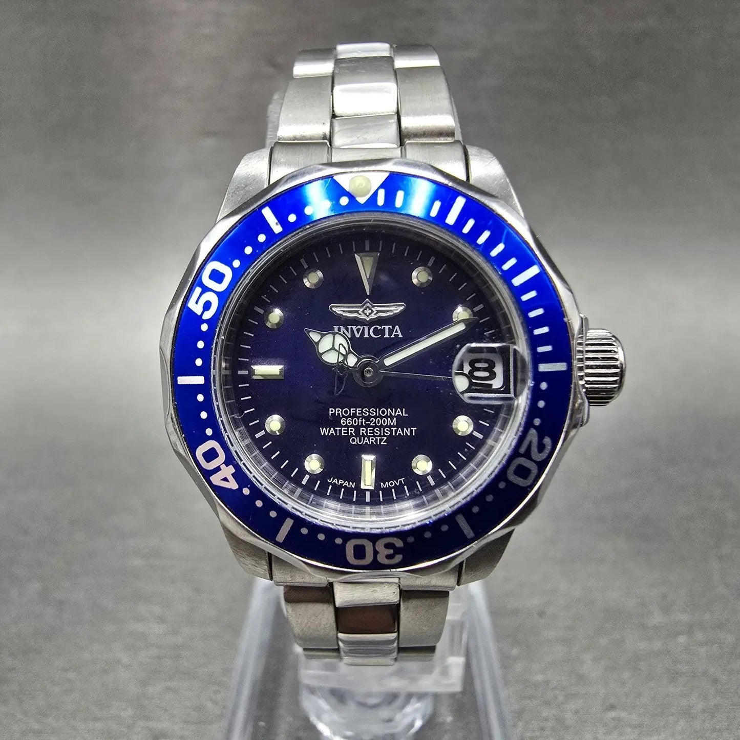 Invicta Pro Diver Watch Women 24mm Blue Dial Silver Tone Date 9177 New Battery Q0