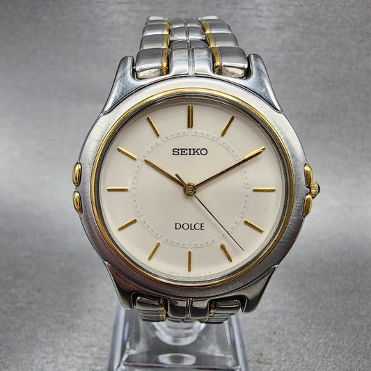 Seiko Dolce Watch Men 33mm Cream Dial Two Tone Round 5E31-600A New Battery