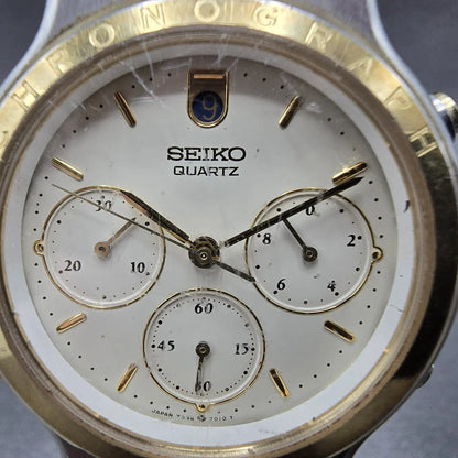 Seiko Chronograph Watch Men 37mm Cream Dial Two Tone Date READ!!!! 7A34-70191