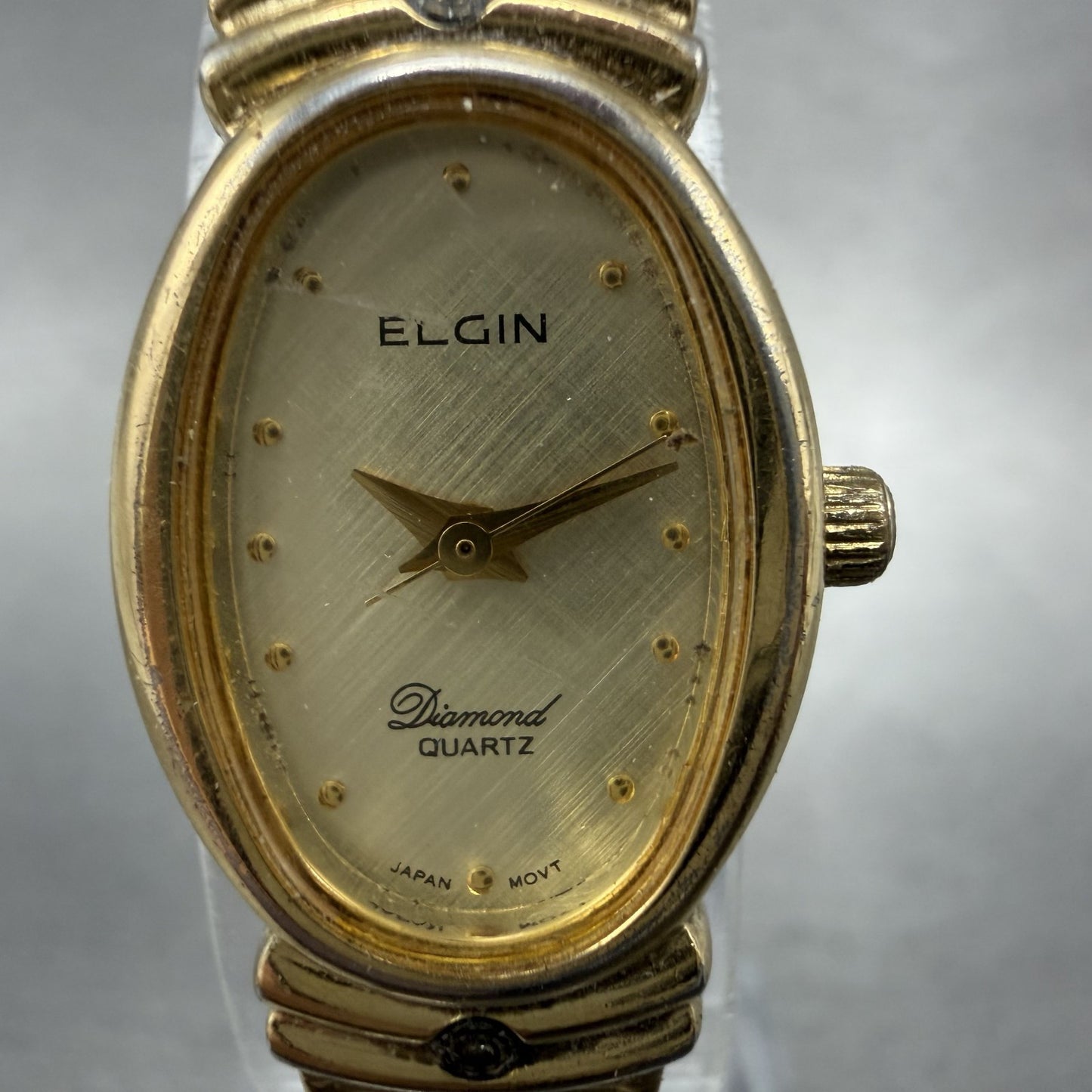Elgin Watch Women 16mm Champagne Dial Gold Tone Oval Diamond Quartz New Battery1