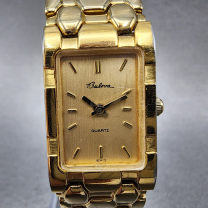 Bulova Tank Watch Women 17mm Gold Dial Gold Tone Rectangle 92H72 New Battery2