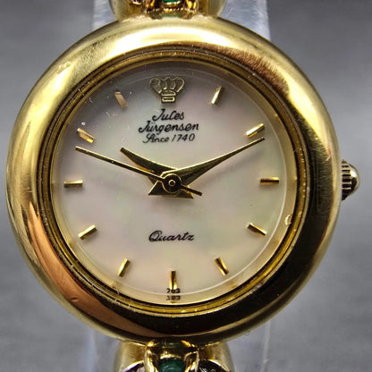 Jules Jurgenson Watch Women 22mm MOP Dial Gold Gem Set Round New Battery1
