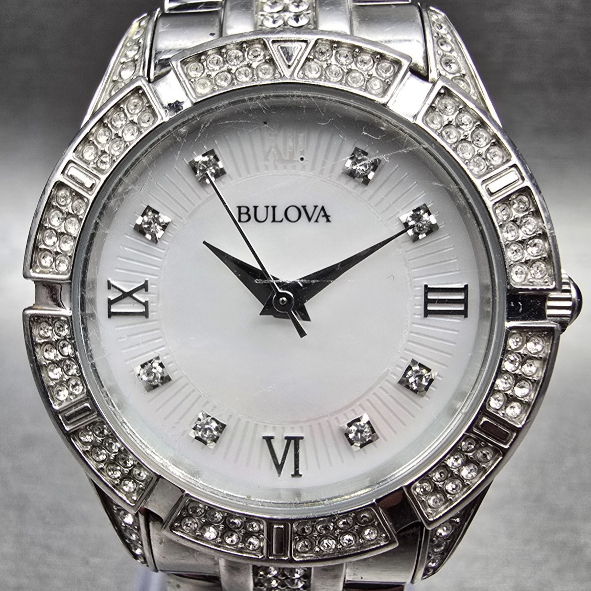 Bulova Watch Women 30mm MOP Dial Silver Tone Crystals Round 96L116 New Battery1