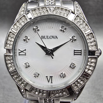 Bulova Watch Women 30mm MOP Dial Silver Tone Crystals Round 96L116 New Battery1