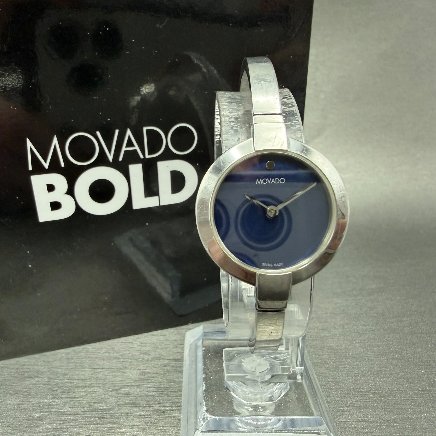 Movado Ela Bangle Watch Women 25mm Blue MOP Dial Steel Round 0607727 New Batt0