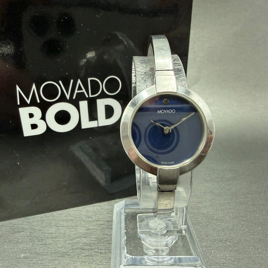 Movado Ela Bangle Watch Women 25mm Blue MOP Dial Steel Round 0607727 New Batt0