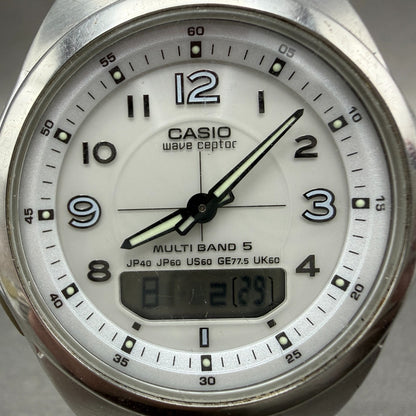 Casio Wave Ceptor Solar Watch Men 41mm White Dial Analog Digital Steel Runs KPO1