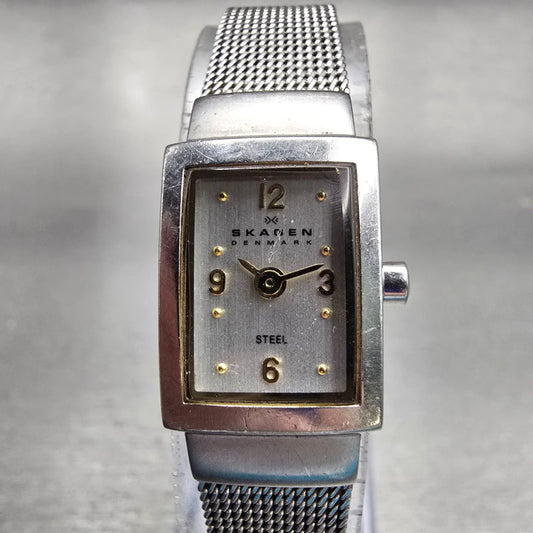 Skagen Denmark Watch Women 15mm Silver Dial Silver Tone Rectangle 490SGS New Bat0