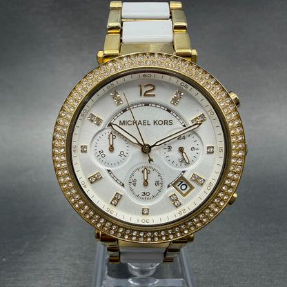 Michael Kors Parker Watch Women 39mm White Dial Gold Tone Date MK-6119 New Batt0