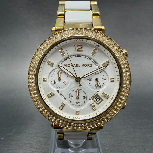 Michael Kors Parker Watch Women 39mm White Dial Gold Tone Date MK-6119 New Batt0