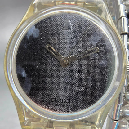 Swatch SPINNIN' AROUND Watch Women Gray Dial Clear Case Round LK205 New Battery1