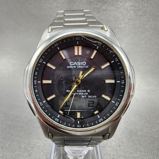 Casio Wave Ceptor  Watch Men 42mm Black Dial Steel Analog Digital Solar Runs